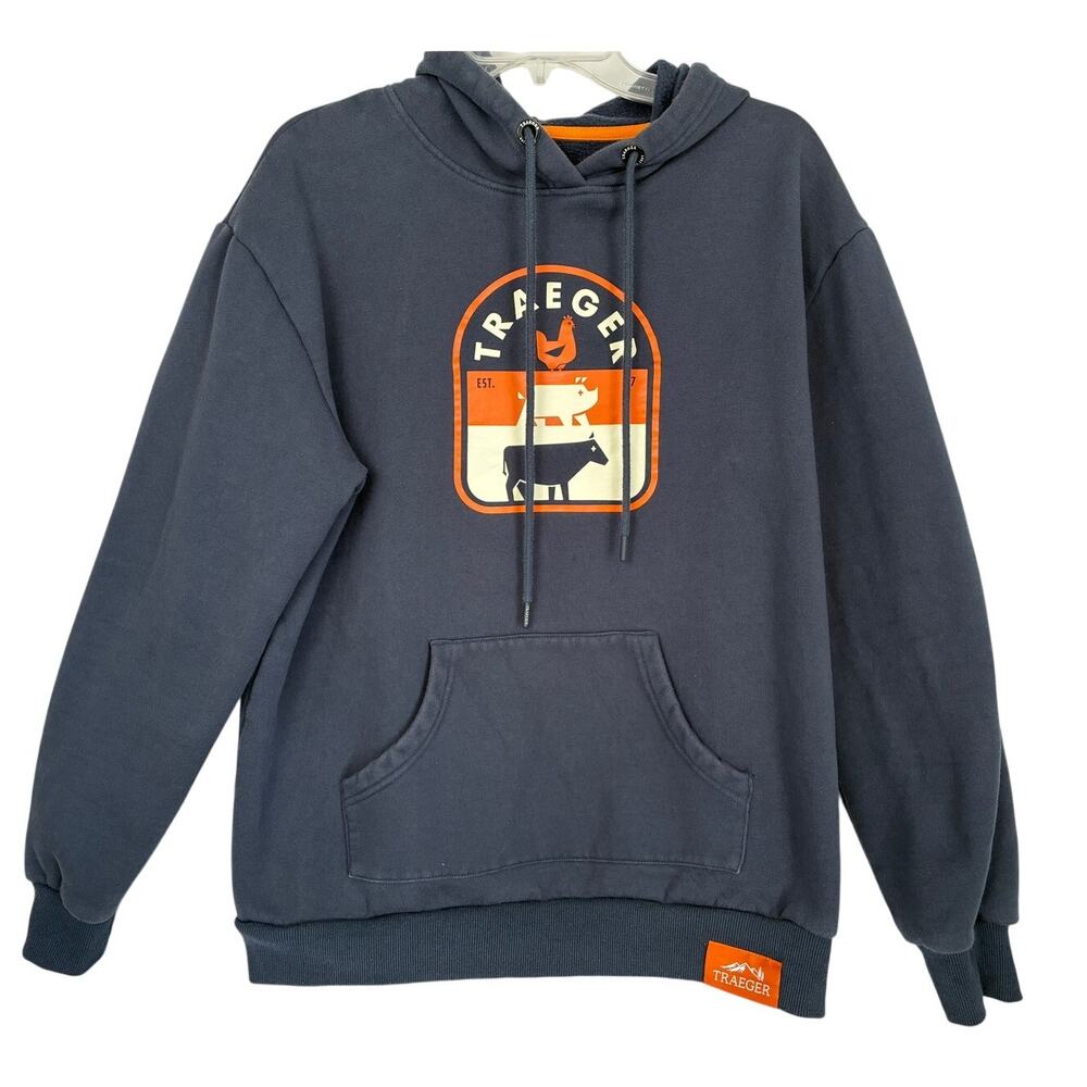 Traeger Grill Animal Stack Hoodie Mens Large Navy Blue Orange Pullover